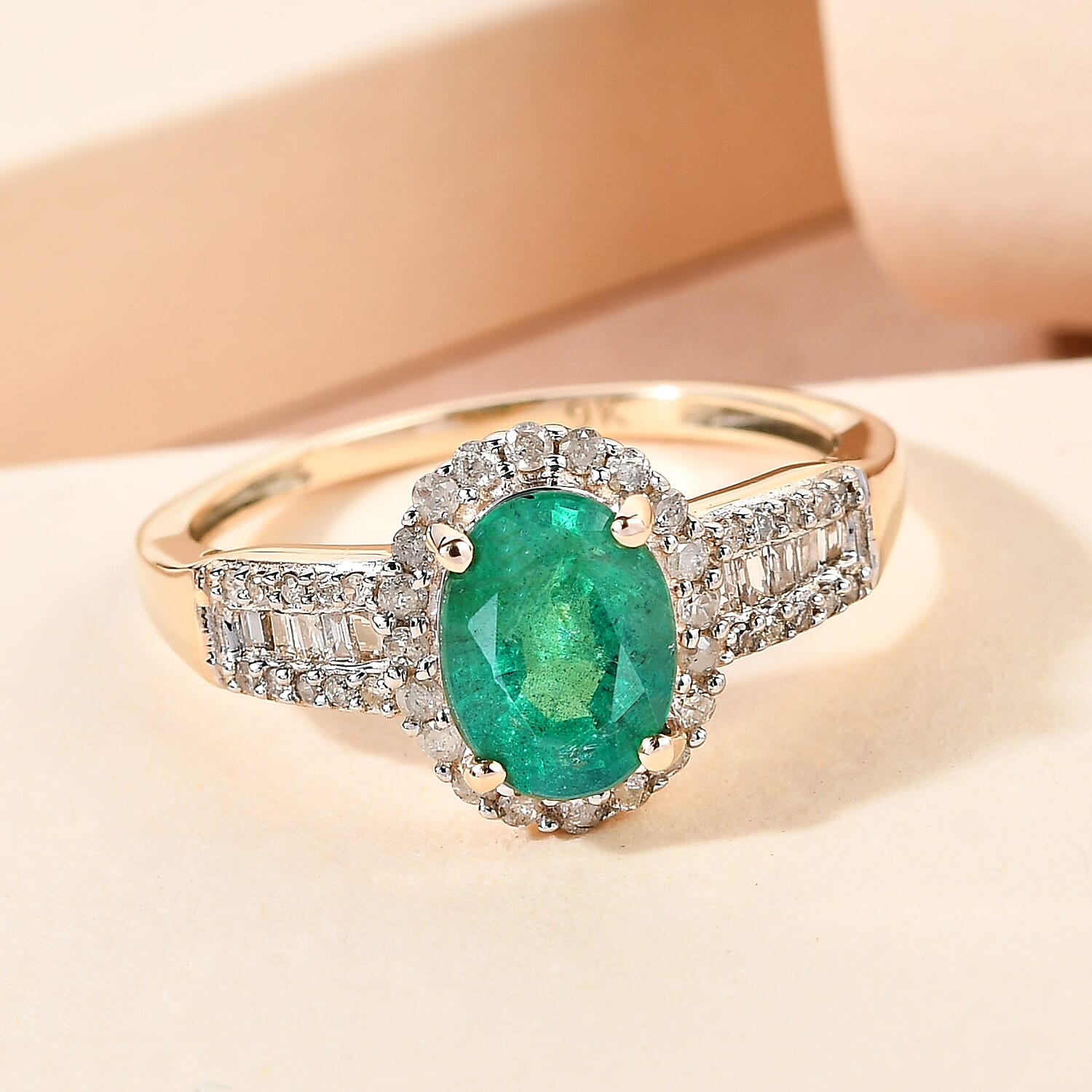 9K Yellow Gold AAA Kagem Zambian Emerald and Diamond Ring 1.43 Ct.