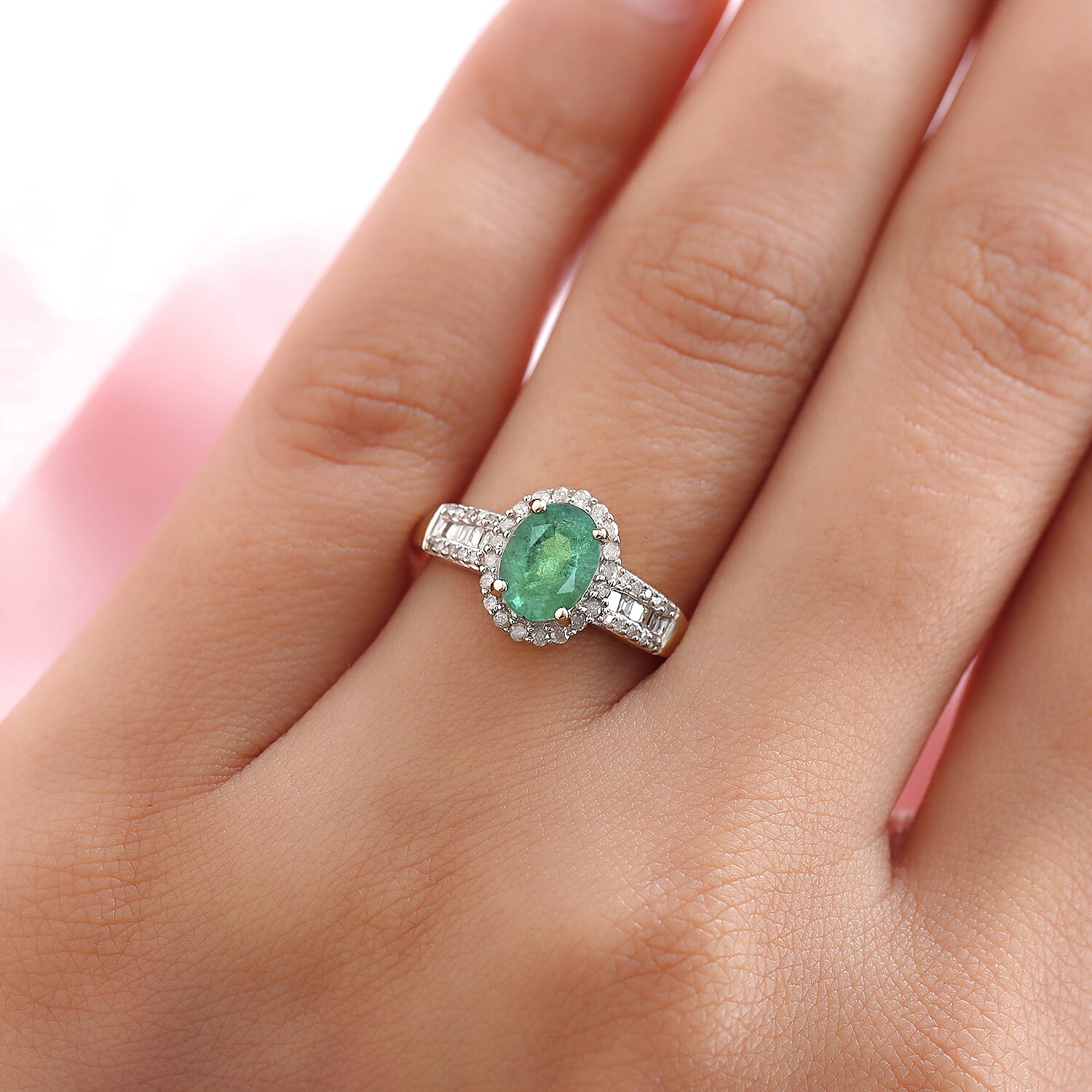 9K Yellow Gold AAA Kagem Zambian Emerald and Diamond Ring 1.43 Ct.