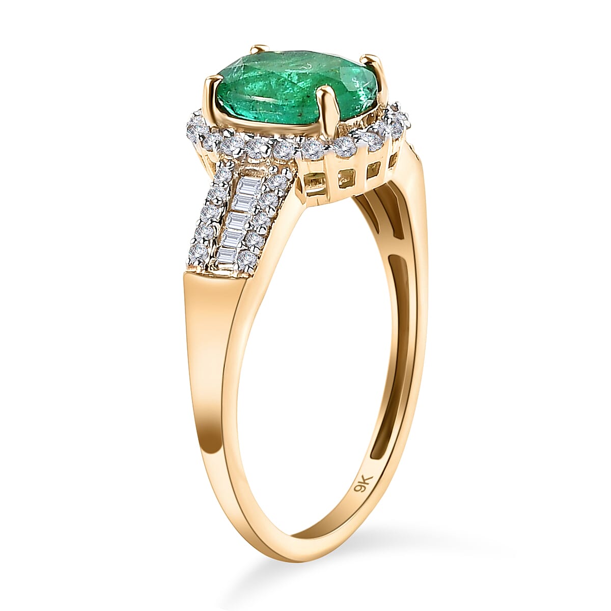 9K Yellow Gold AAA Kagem Zambian Emerald and Diamond Ring 1.43 Ct.
