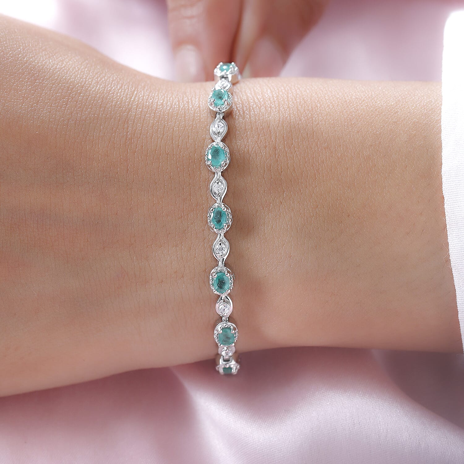 Premium Emerald and Natural Cambodian Zircon Bracelet (Size - 7) in Platinum Overlay Sterling Silver 3.11 Ct, Silver Wt. 9.20 Gms