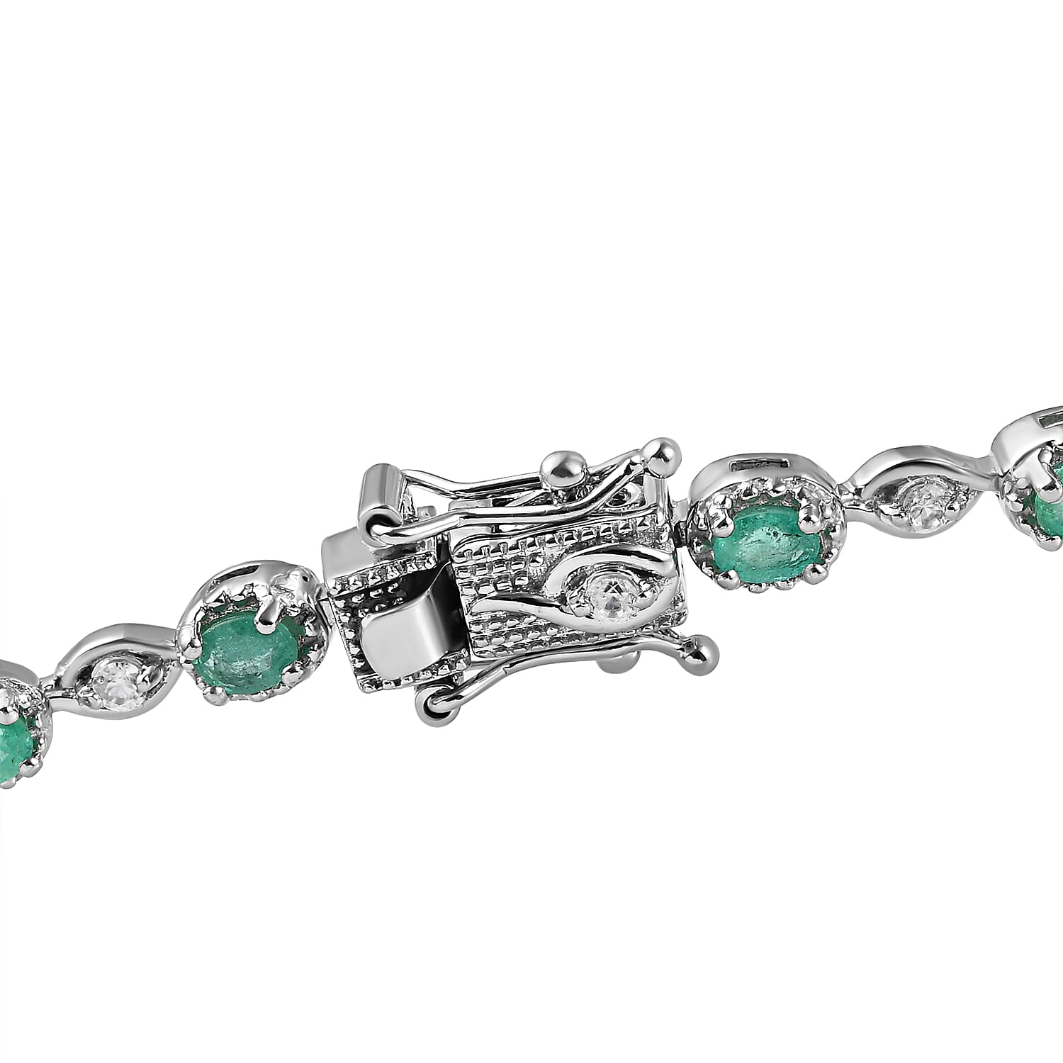 Premium Emerald and Natural Cambodian Zircon Bracelet (Size - 7) in Platinum Overlay Sterling Silver 3.11 Ct, Silver Wt. 9.20 Gms