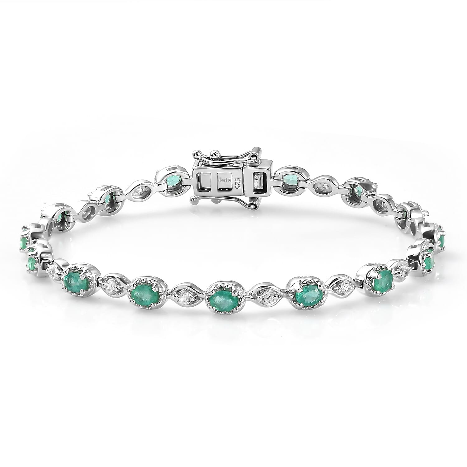 Premium Emerald and Natural Cambodian Zircon Bracelet (Size - 7) in Platinum Overlay Sterling Silver 3.11 Ct, Silver Wt. 9.20 Gms