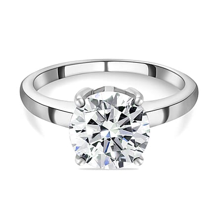 Moissanite Round Solitaire Engagement Ring in Platinum Plated Sterling Silver 2.0 Ct. Moissanite Round Solitaire Engagement Ring in Platinum Plated Sterling Silver 2.0 Ct.