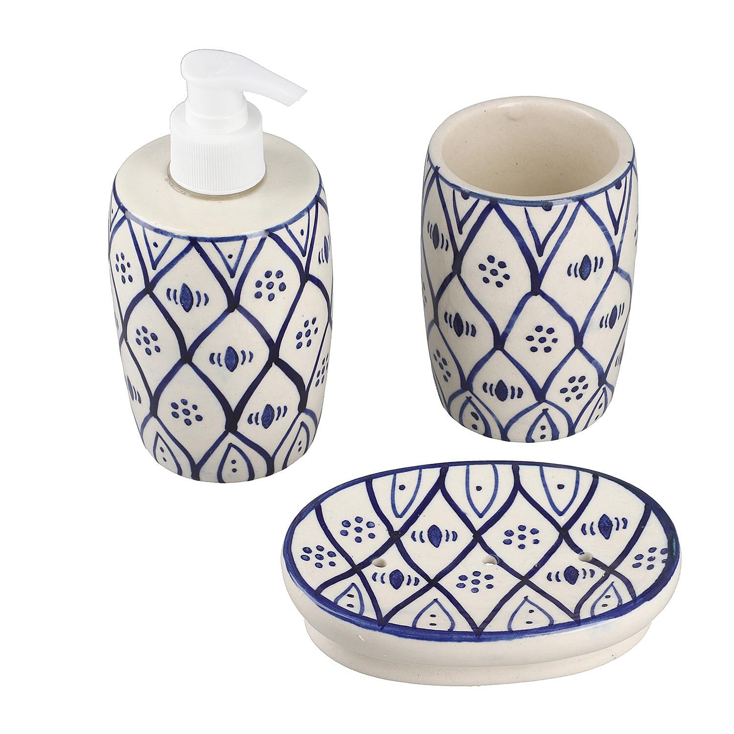 3 Piece Set - Ceramic Bathroom Accessories (Included Liquid Soap Dispenser, Soap Tray & Tumbler) - Blue and White