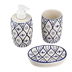 3 Piece Set - Ceramic Bathroom Accessories (Included Liquid Soap Dispenser, Soap Tray & Tumbler) - Blue and White