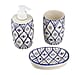 3 Piece Set - Ceramic Bathroom Accessories (Included Liquid Soap Dispenser, Soap Tray & Tumbler) - Blue and White