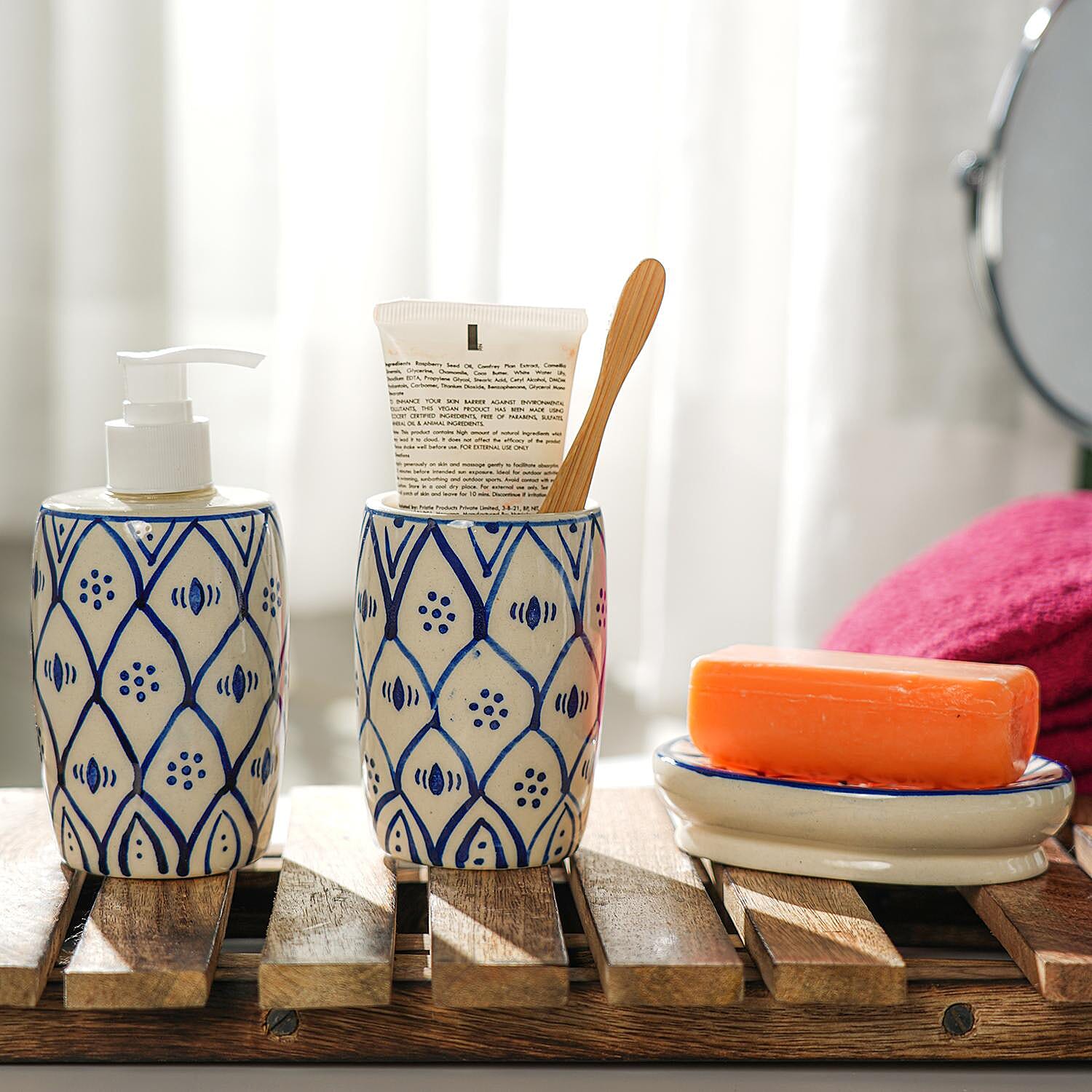 3 Piece Set - Ceramic Bathroom Accessories (Included Liquid Soap Dispenser, Soap Tray & Tumbler) - Blue and White