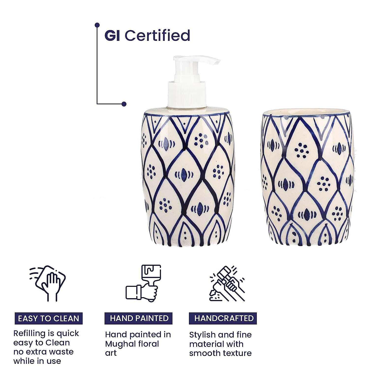 3 Piece Set - Ceramic Bathroom Accessories (Included Liquid Soap Dispenser, Soap Tray & Tumbler) - Blue and White