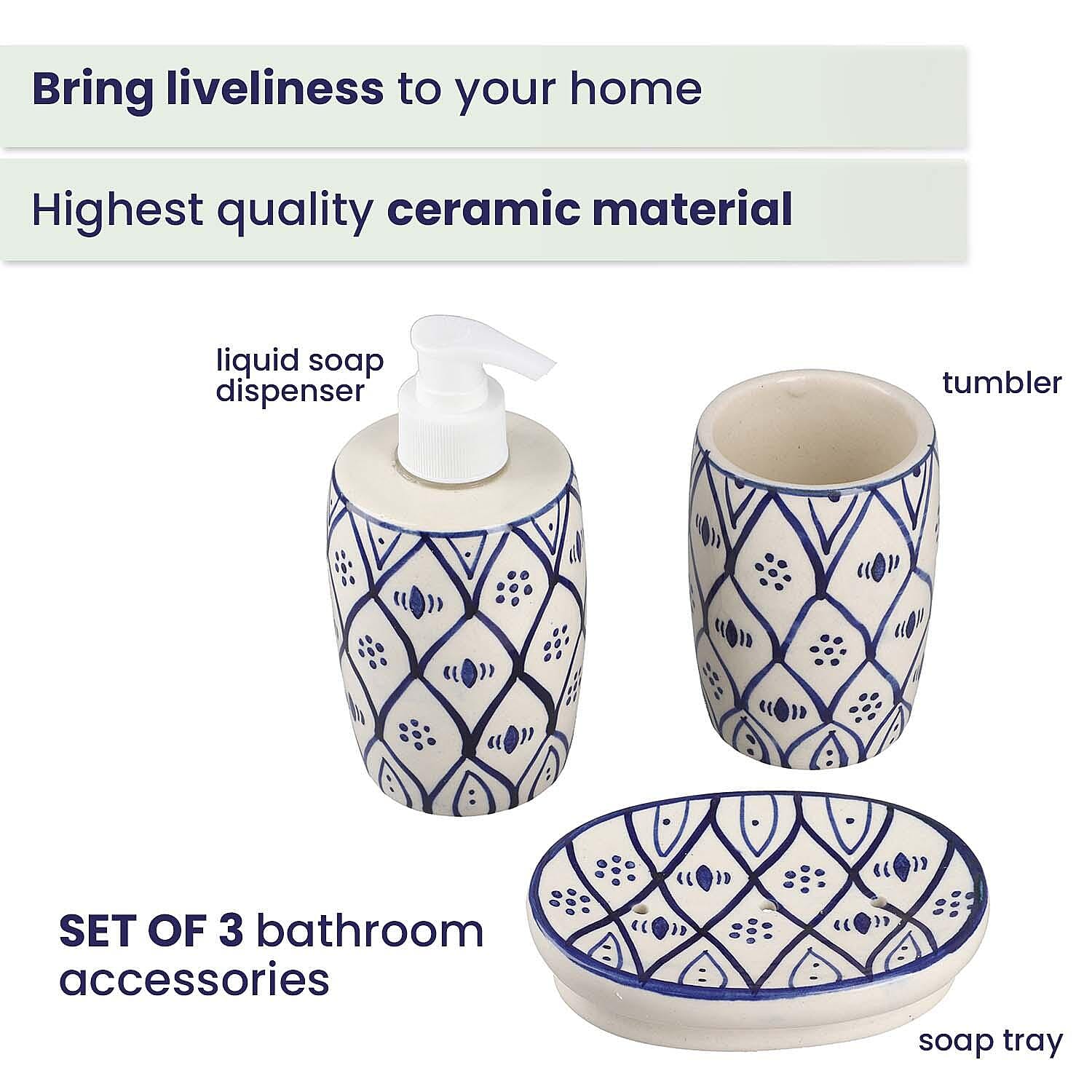 3 Piece Set - Ceramic Bathroom Accessories (Included Liquid Soap Dispenser, Soap Tray & Tumbler) - Blue and White