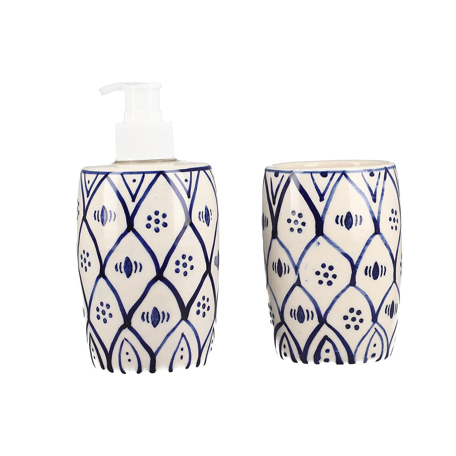3 Piece Set - Ceramic Bathroom Accessories (Included Liquid Soap Dispenser, Soap Tray & Tumbler) - Blue and White