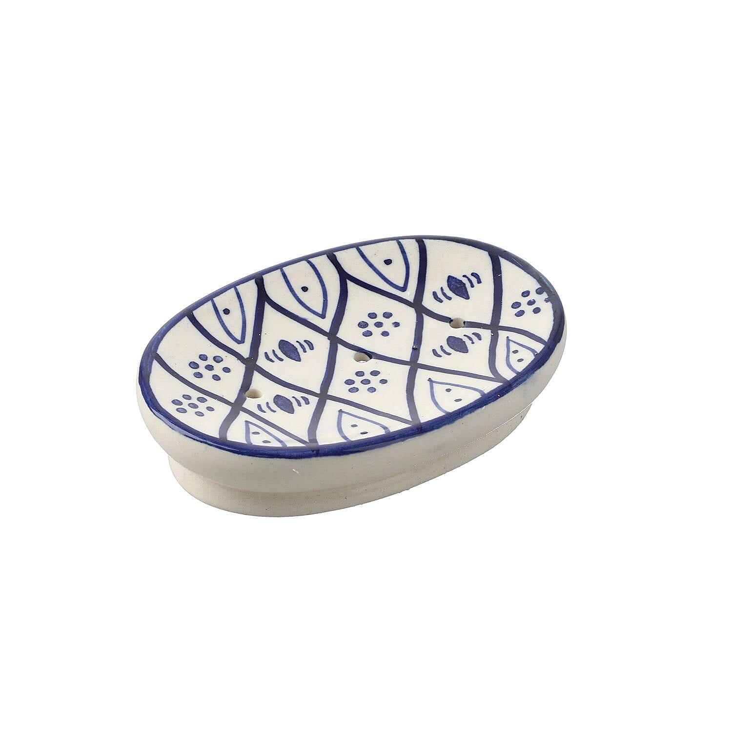 3 Piece Set - Ceramic Bathroom Accessories (Included Liquid Soap Dispenser, Soap Tray & Tumbler) - Blue and White