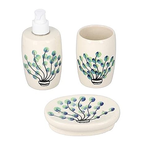 3 Piece Set - Ceramic Bathroom Accessories (Included Liquid Soap Dispenser, Soap Tray - Tumbler) - Green and White