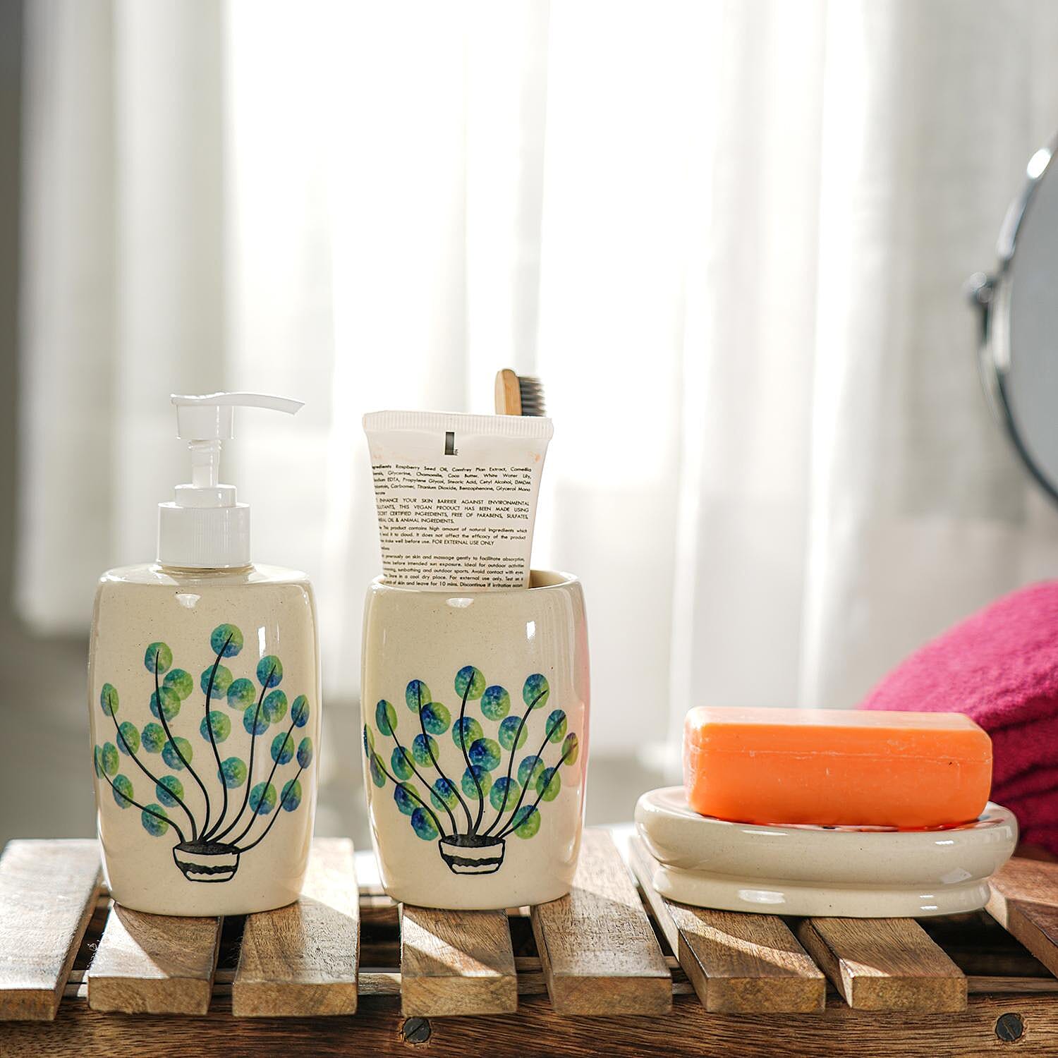 3 Piece Set - Ceramic Bathroom Accessories (Included Liquid Soap Dispenser, Soap Tray - Tumbler) - Green and White