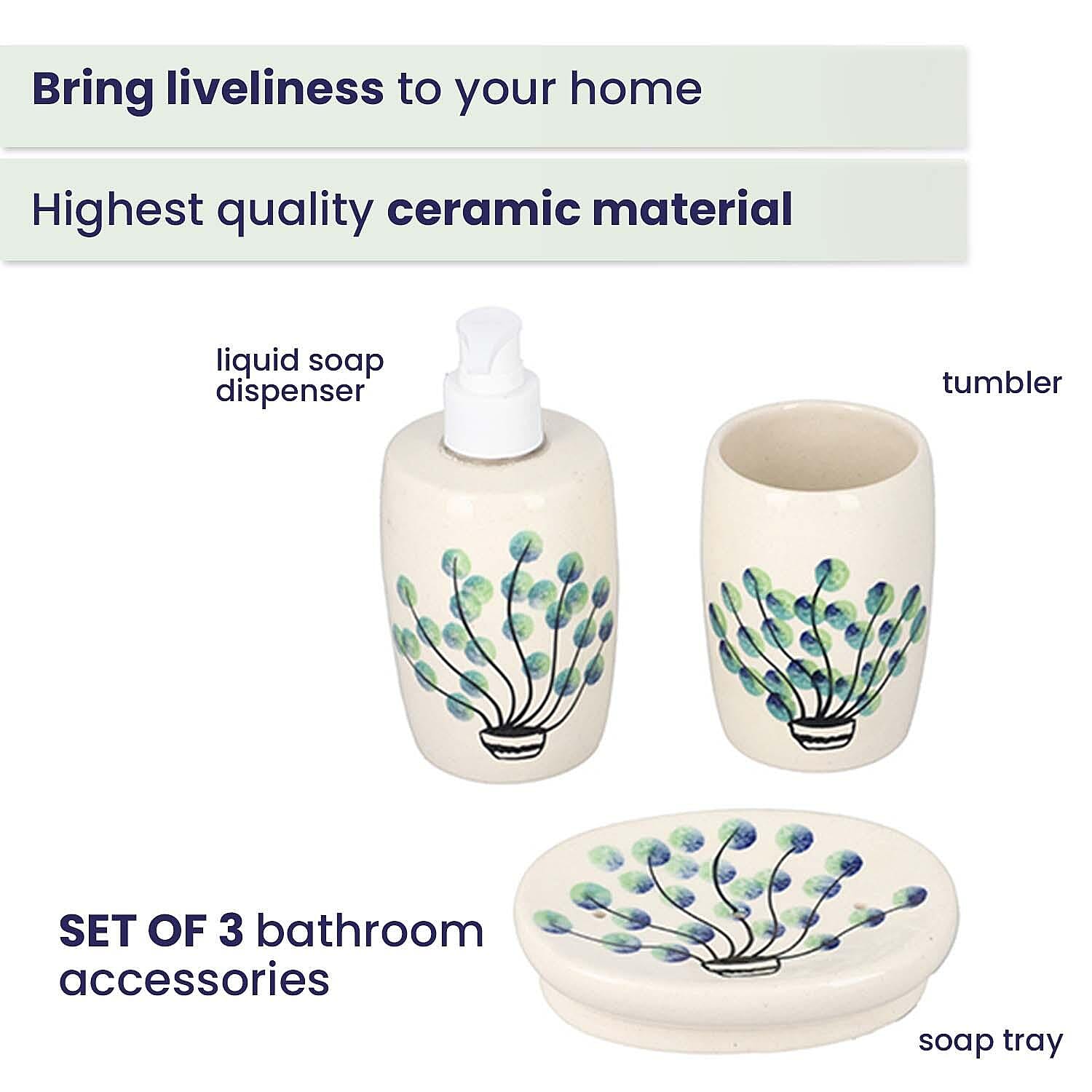 3 Piece Set - Ceramic Bathroom Accessories (Included Liquid Soap Dispenser, Soap Tray - Tumbler) - Green and White