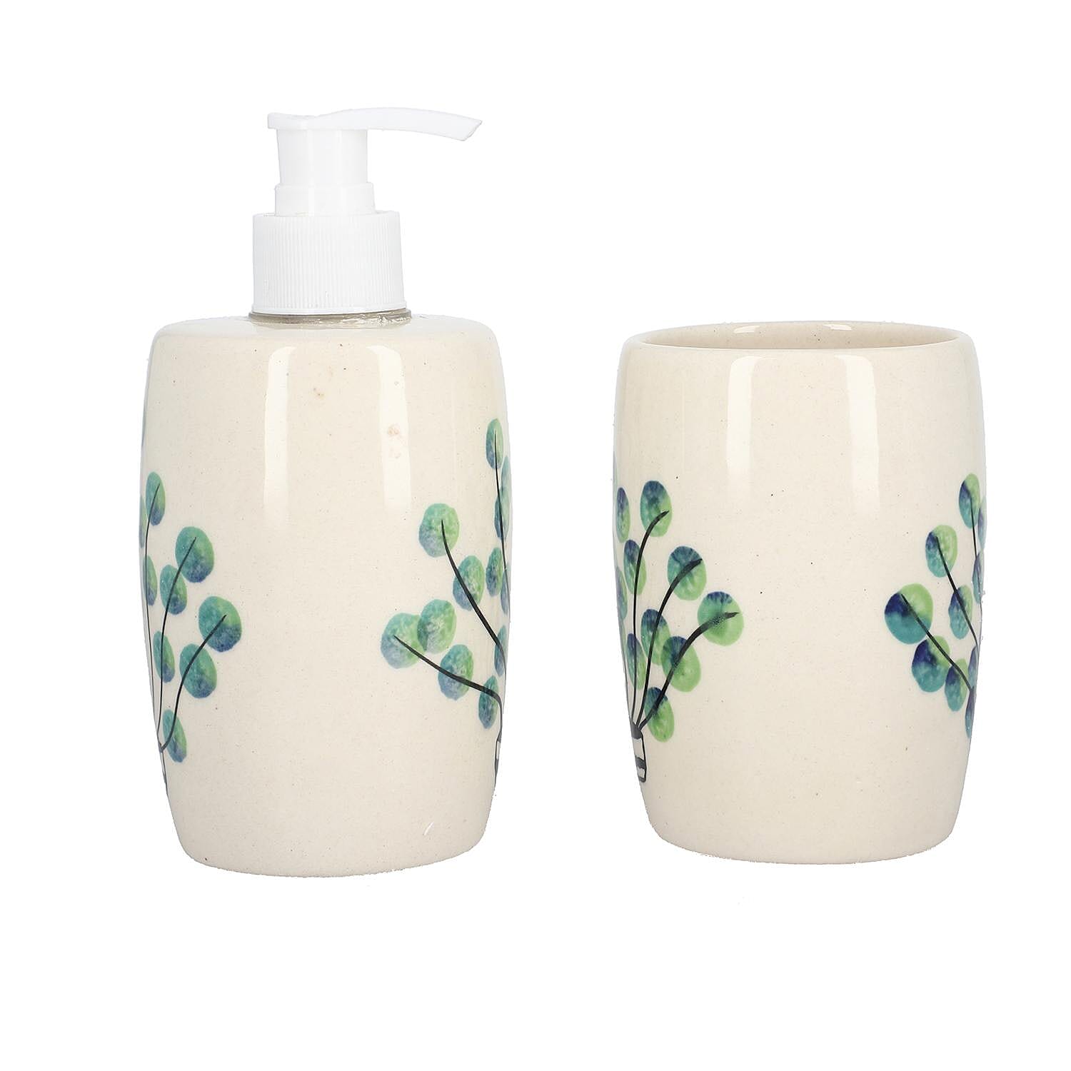 3 Piece Set - Ceramic Bathroom Accessories (Included Liquid Soap Dispenser, Soap Tray - Tumbler) - Green and White