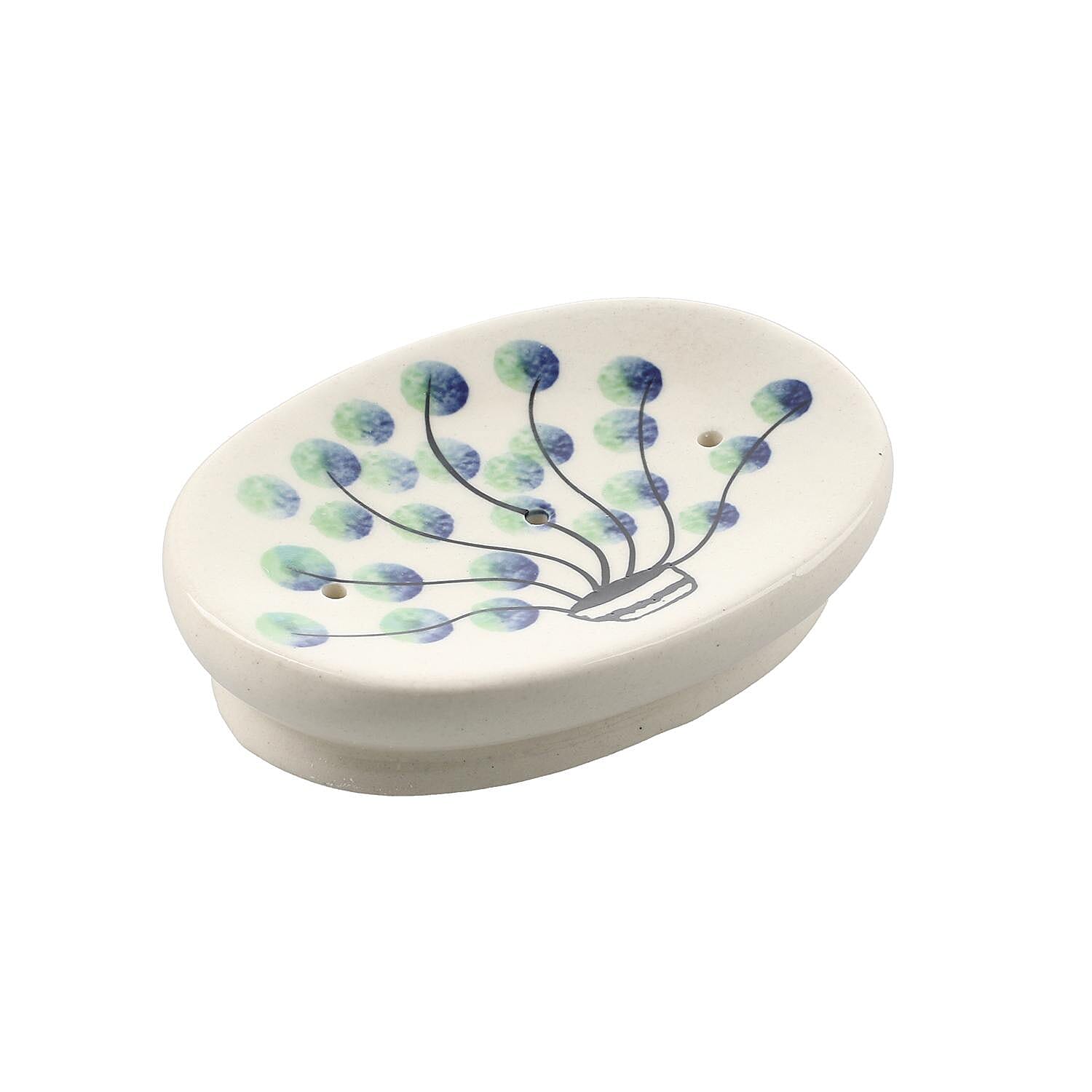 3 Piece Set - Ceramic Bathroom Accessories (Included Liquid Soap Dispenser, Soap Tray - Tumbler) - Green and White