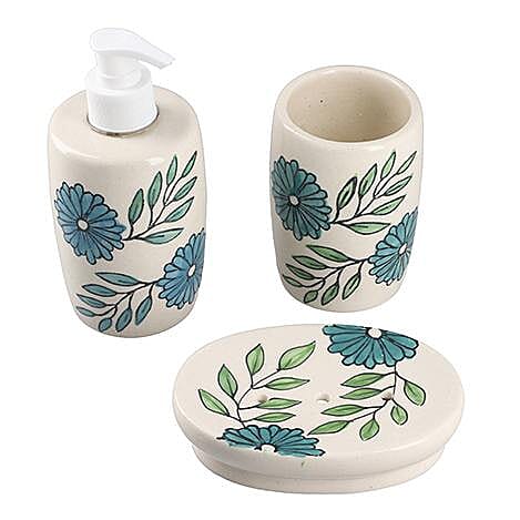 3 Piece Set - Ceramic Bathroom Accessories (Included Liquid Soap Dispenser, Soap Tray & Tumbler) - Teal Green and White