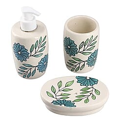 3 Piece Set - Ceramic Bathroom Accessories (Included Liquid Soap Dispenser, Soap Tray & Tumbler) - Blue and White