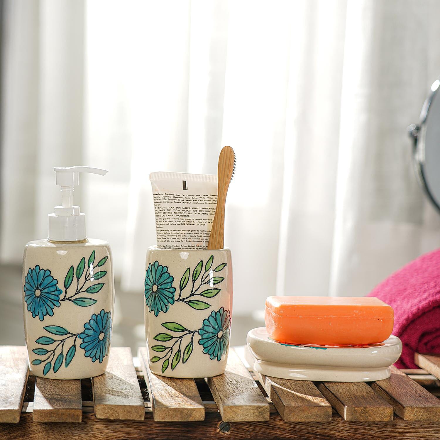 3 Piece Set - Ceramic Bathroom Accessories (Included Liquid Soap Dispenser, Soap Tray & Tumbler) - Teal Green and White