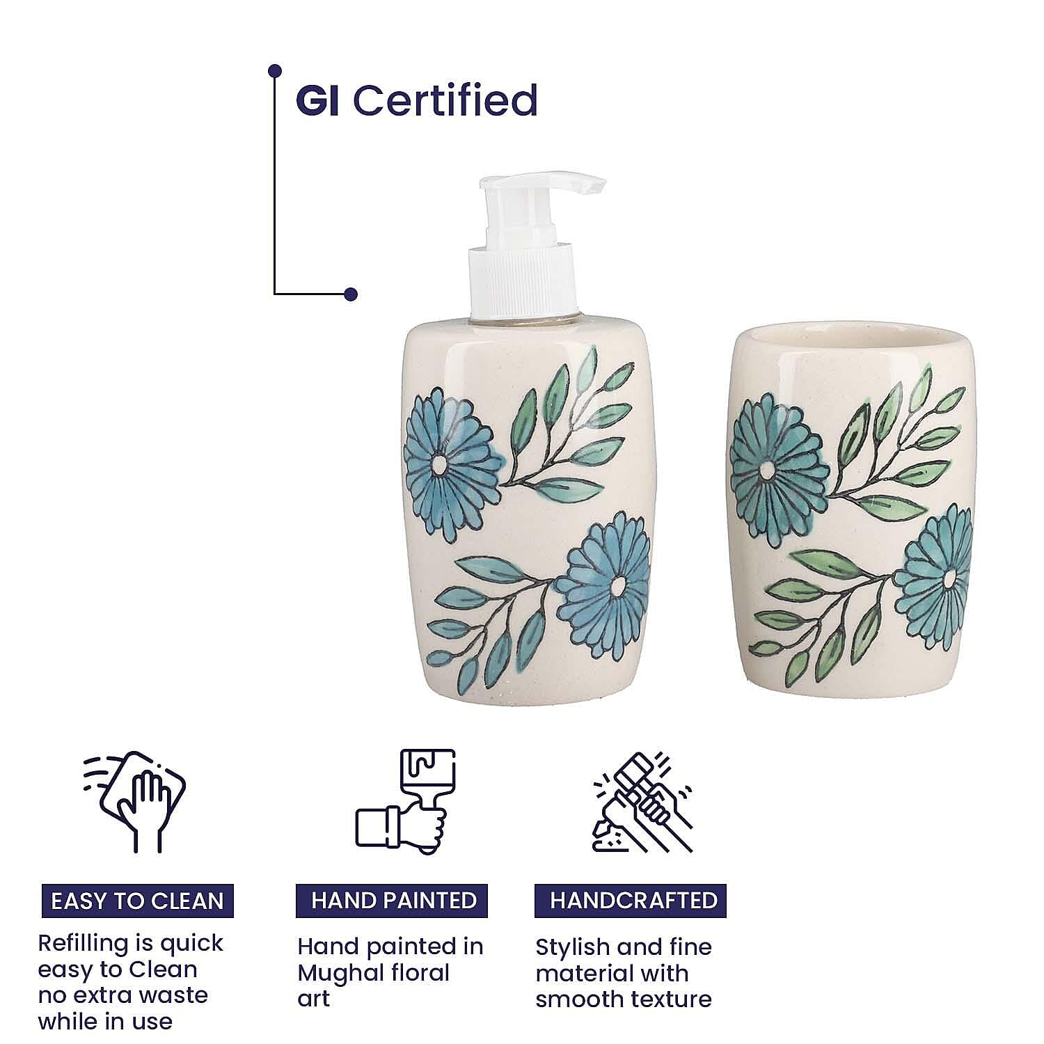 3 Piece Set - Ceramic Bathroom Accessories (Included Liquid Soap Dispenser, Soap Tray & Tumbler) - Teal Green and White