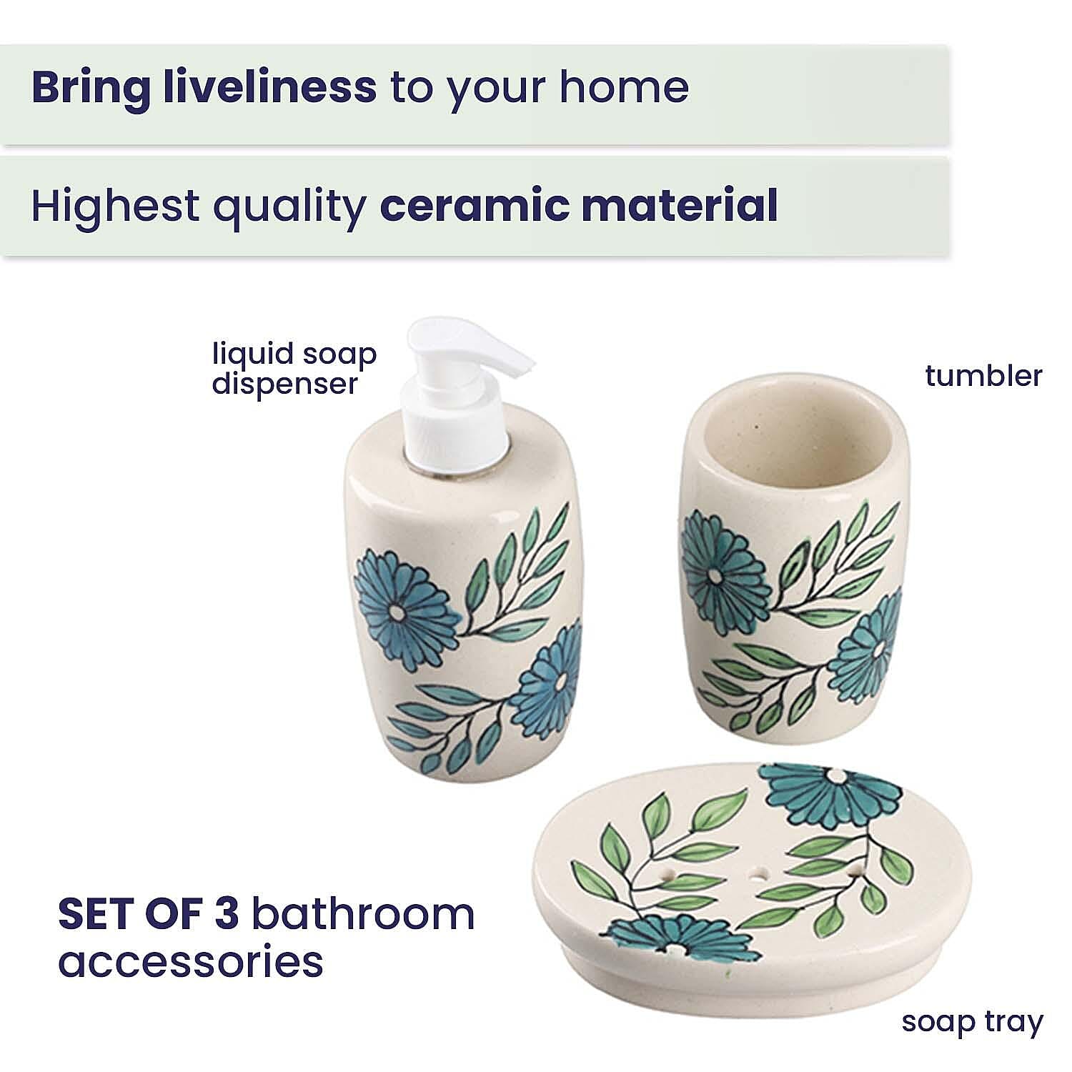 3 Piece Set - Ceramic Bathroom Accessories (Included Liquid Soap Dispenser, Soap Tray & Tumbler) - Teal Green and White