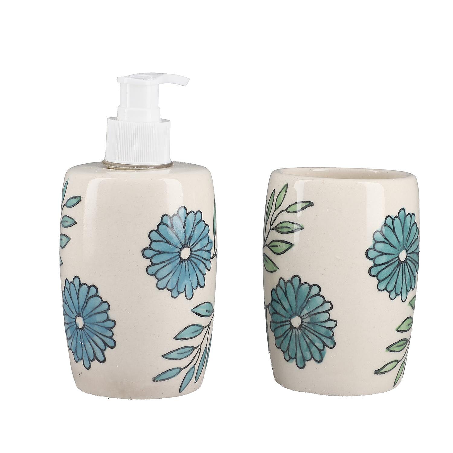 3 Piece Set - Ceramic Bathroom Accessories (Included Liquid Soap Dispenser, Soap Tray & Tumbler) - Teal Green and White