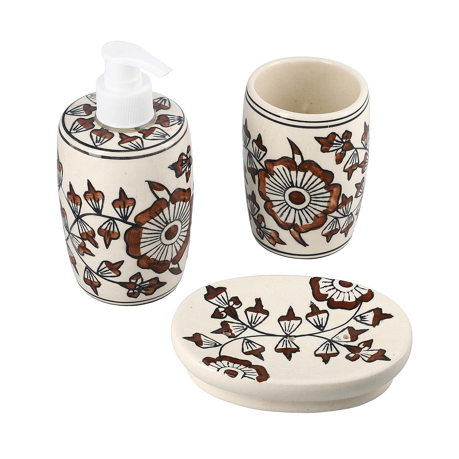 3 Piece Set - Ceramic Bathroom Accessories (Included Liquid Soap Dispenser, Soap Tray & Tumbler) - Brown and White