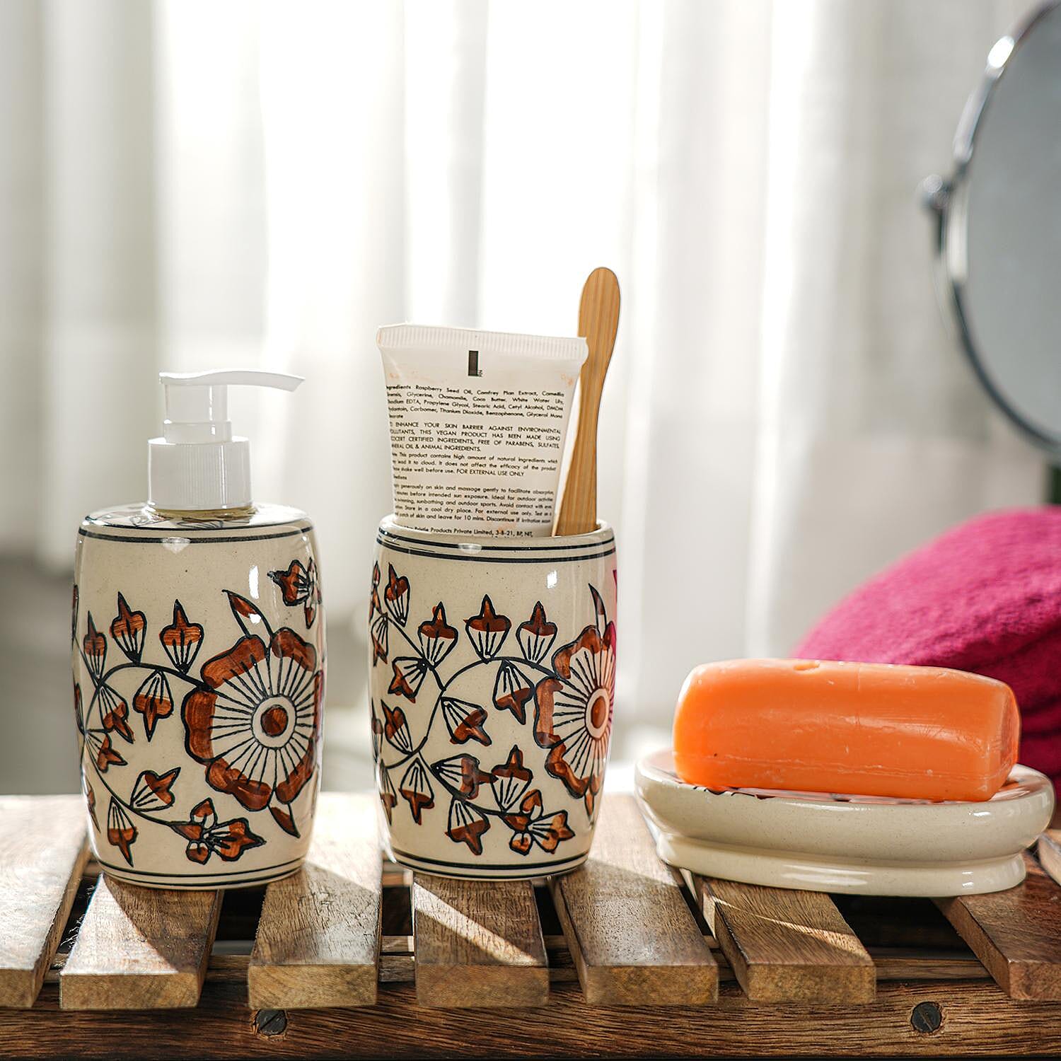 3 Piece Set - Ceramic Bathroom Accessories (Included Liquid Soap Dispenser, Soap Tray & Tumbler) - Brown and White