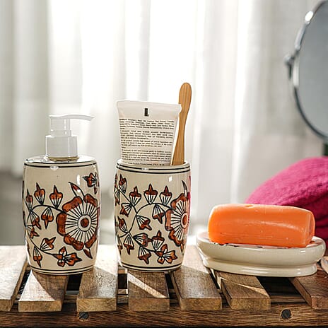 3 Piece Set - Ceramic Bathroom Accessories (Included Liquid Soap Dispenser, Soap Tray & Tumbler) - Brown and White
