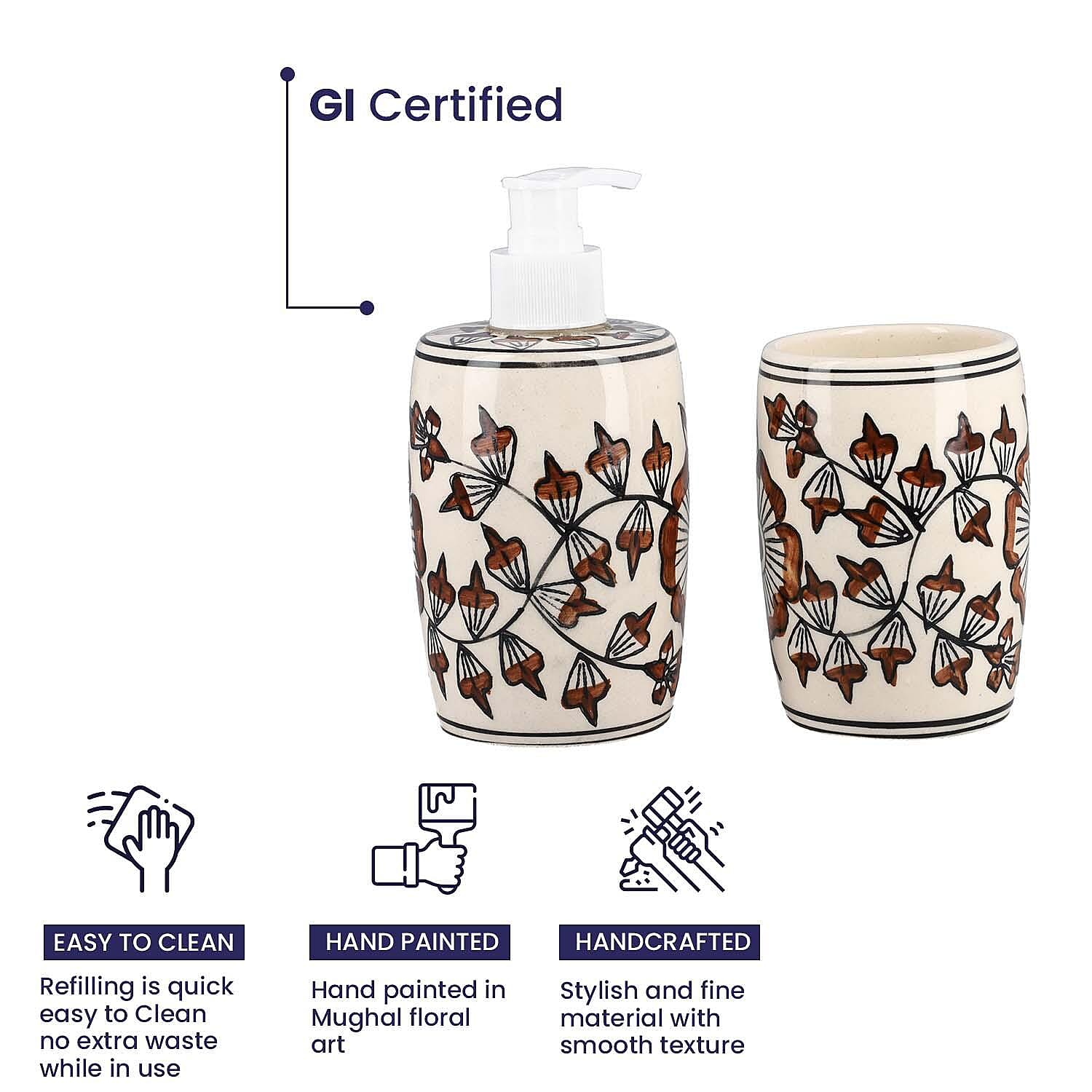 3 Piece Set - Ceramic Bathroom Accessories (Included Liquid Soap Dispenser, Soap Tray & Tumbler) - Brown and White