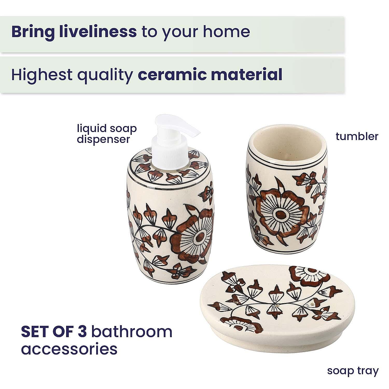 3 Piece Set - Ceramic Bathroom Accessories (Included Liquid Soap Dispenser, Soap Tray & Tumbler) - Brown and White