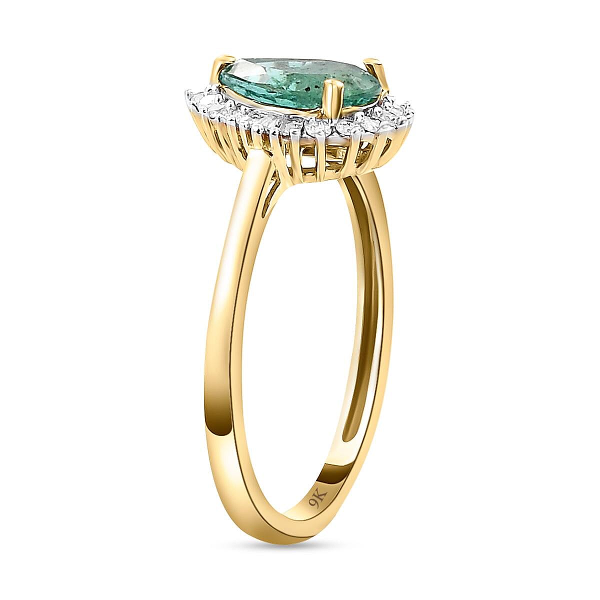 9K Yellow Gold AAA Kagem Zambian Emerald and Diamond Ring 1.11 Ct.