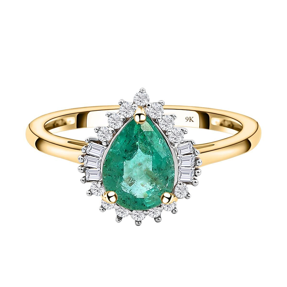 9K Yellow Gold AAA Kagem Zambian Emerald and Diamond Ring 1.11 Ct.