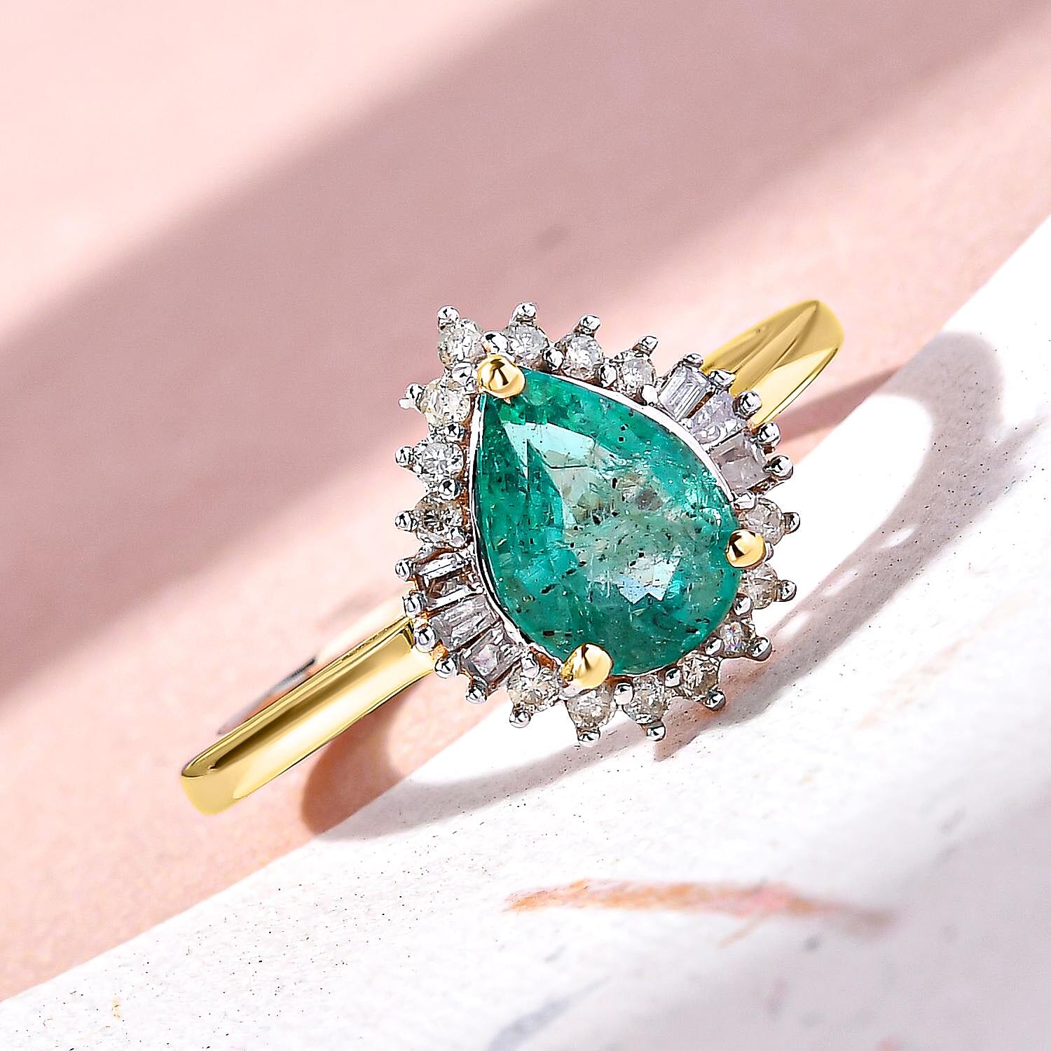 9K Yellow Gold AAA Kagem Zambian Emerald and Diamond Ring 1.11 Ct.