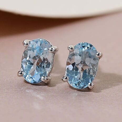 Escripto Aquamarine Stud Earrings with Push Back in Platinum Overlay Sterling Silver
