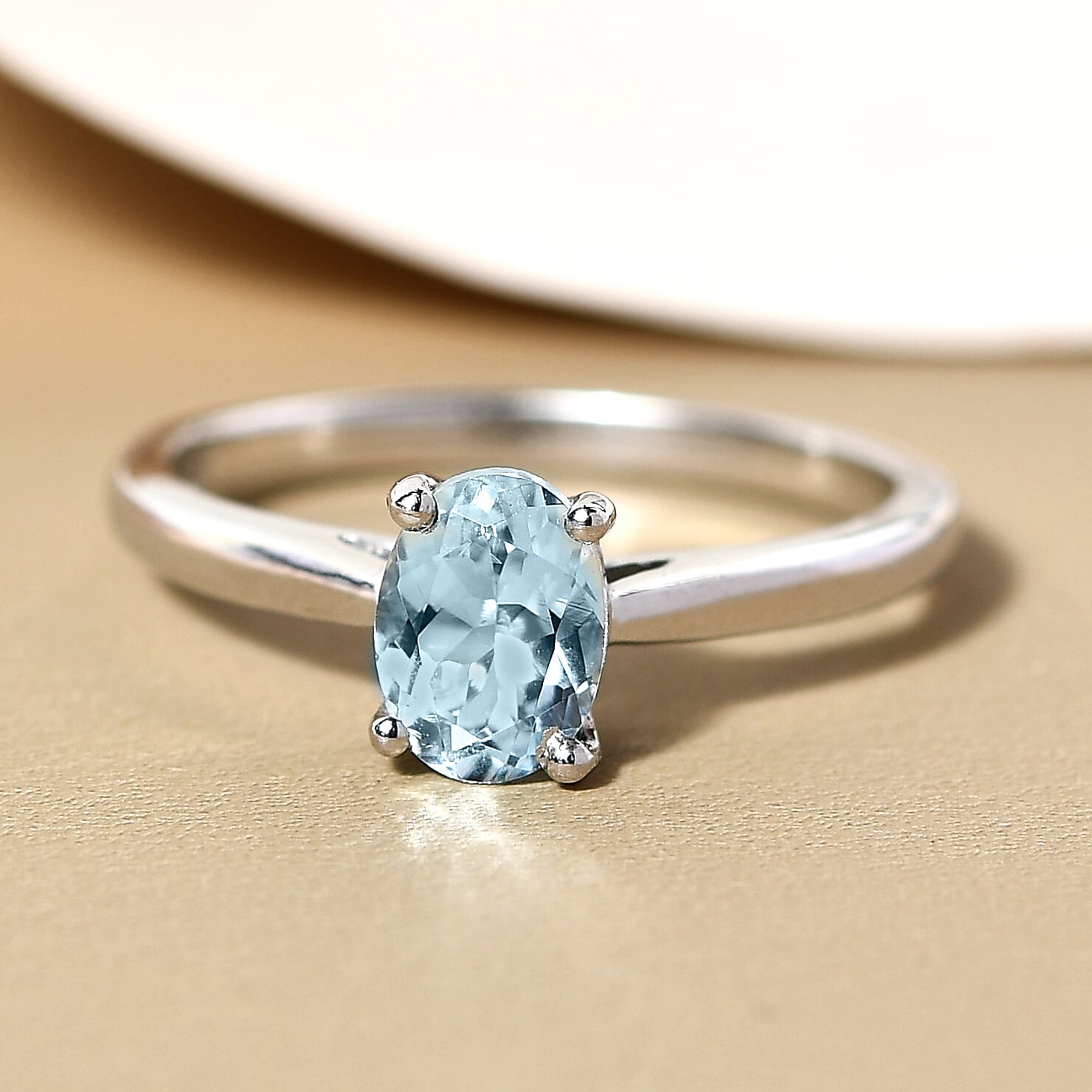 Aquamarine Solitaire Ring in Platinum Overlay Sterling Silver