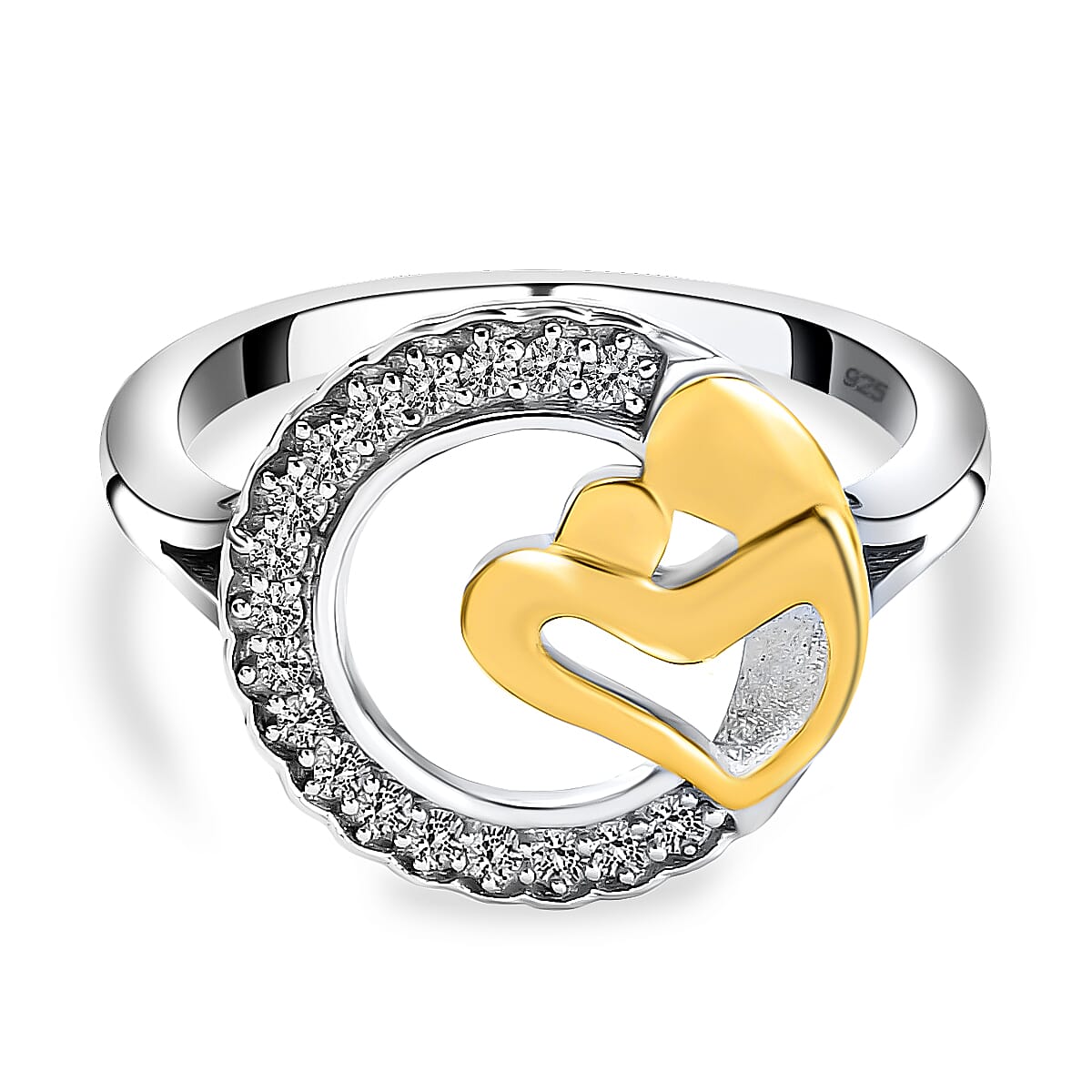 Diamond Mother Love Heart Ring in Platinum and Yellow Gold Overlay Sterling Silver 0.16 Ct.