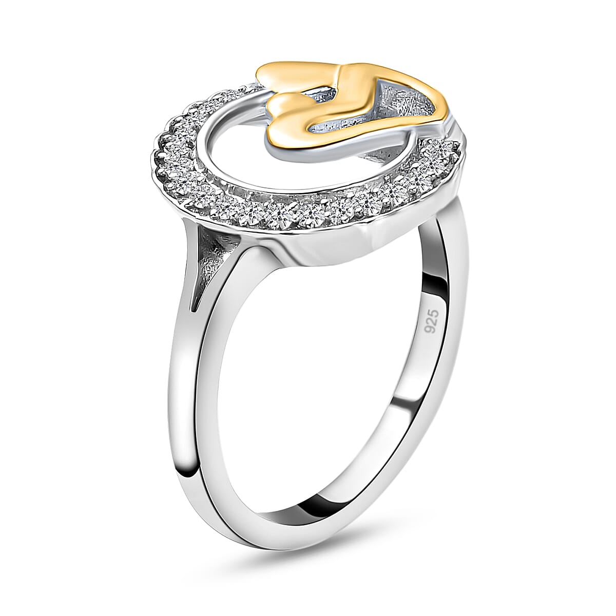 Diamond Mother Love Heart Ring in Platinum and Yellow Gold Overlay Sterling Silver 0.16 Ct.