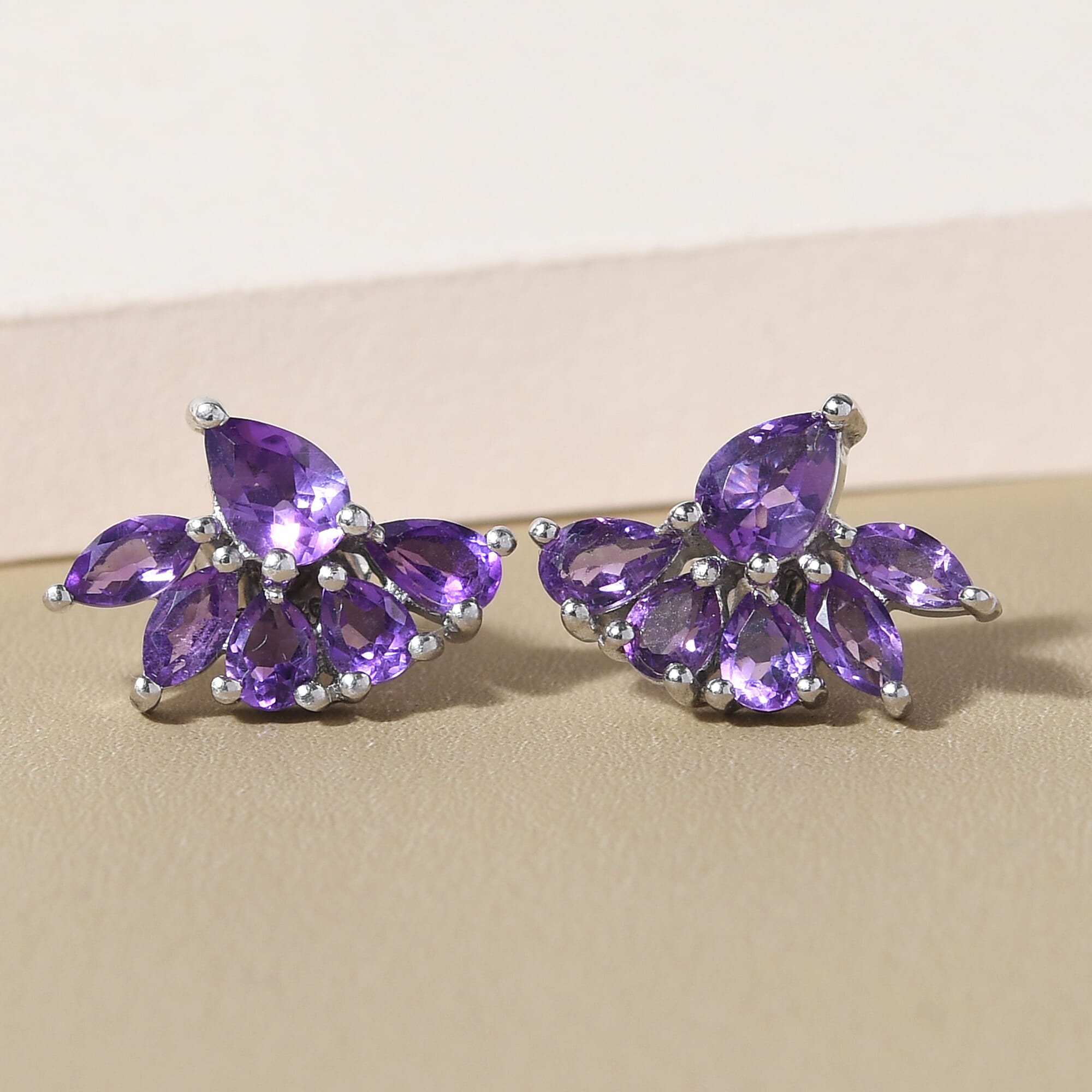 Amethyst Earrings (With Push Back) in Platinum Overlay Sterling Silver.