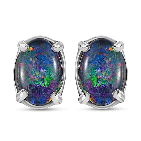 Australian Boulder Opal Triplet Stud Earrings with Push Back in Platinum Overlay Sterling Silver