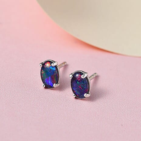 Australian Boulder Opal Triplet Stud Earrings with Push Back in Platinum Overlay Sterling Silver