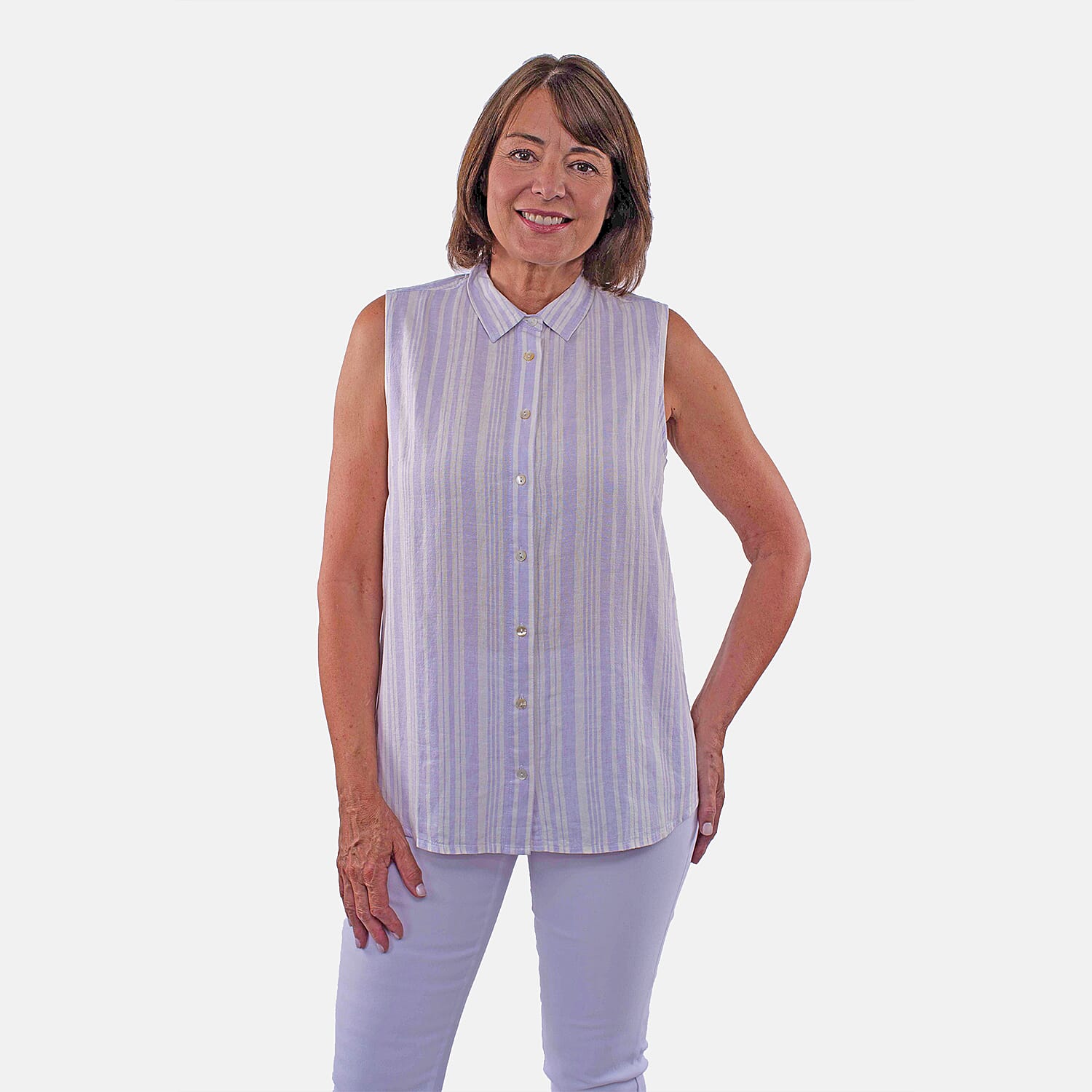 TAMSY Sleeveless Button Through Leaf Print Shirt - Beige