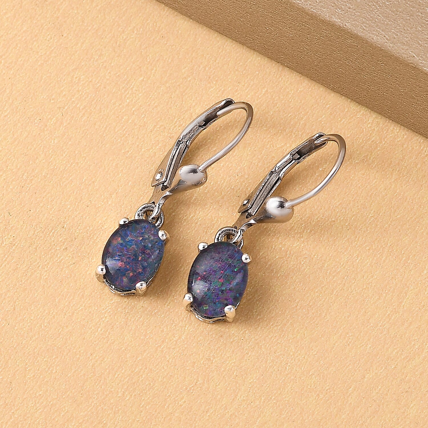 Australian Boulder Opal Triplet Dangling Earrings (With Lever Back) in Platinum Overlay Sterling Silver