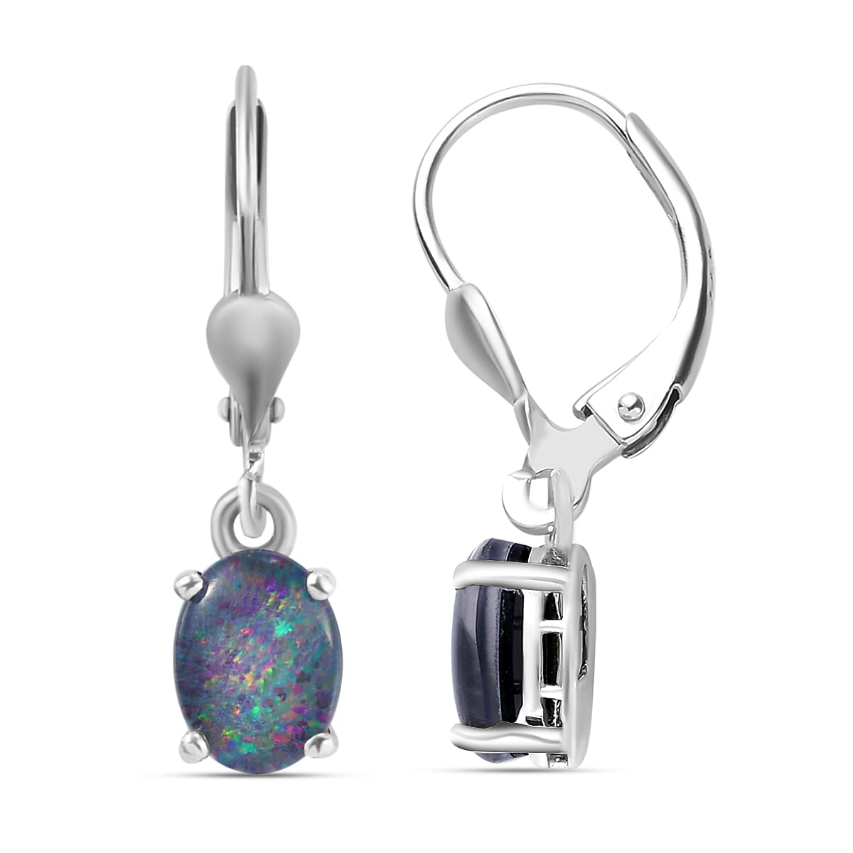 Australian Boulder Opal Triplet Dangling Earrings (With Lever Back) in Platinum Overlay Sterling Silver