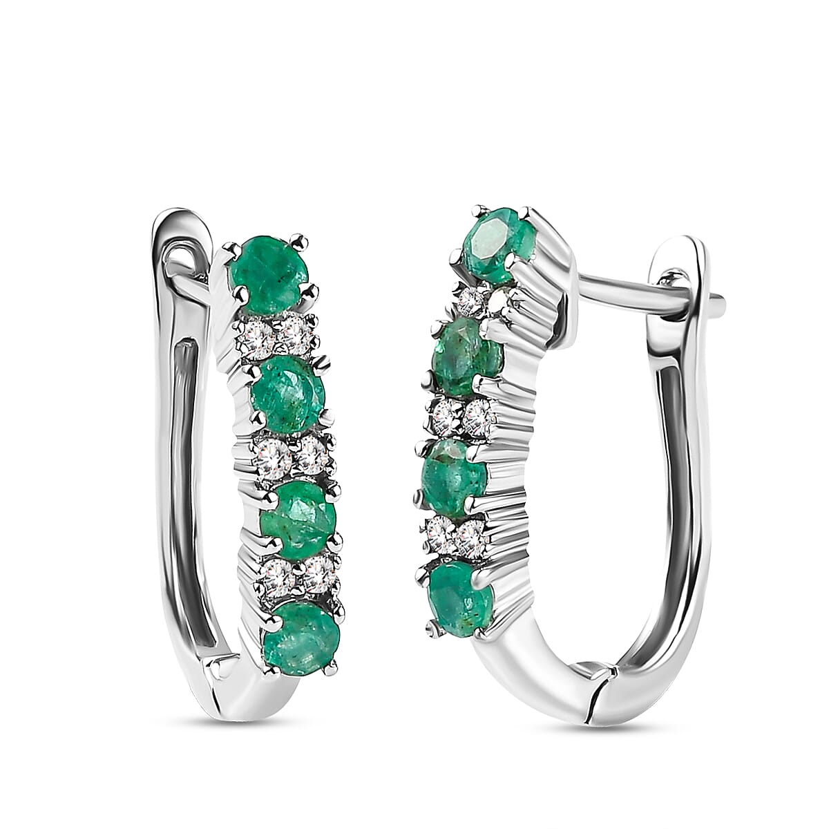 Premium Emerald and Natural Cambodian Zircon Hoop Earrings (With Clasp) in Platinum Overlay Sterling Silver
