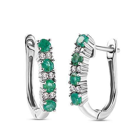 Premium Emerald and Natural Cambodian Zircon Hoop Earrings (With Clasp) in Platinum Overlay Sterling Silver