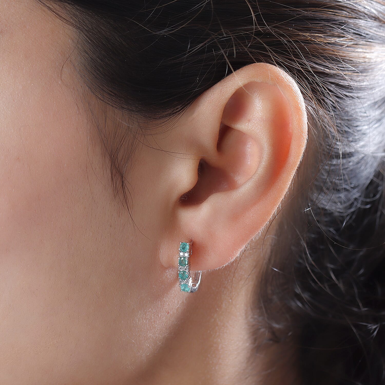 Premium Emerald and Natural Cambodian Zircon Hoop Earrings (With Clasp) in Platinum Overlay Sterling Silver