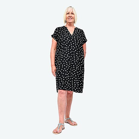 TAMSY Linen Open Neck Half Placket Spot Print Dress with Grown On Sleeve (Size M,12-14) - Black & White