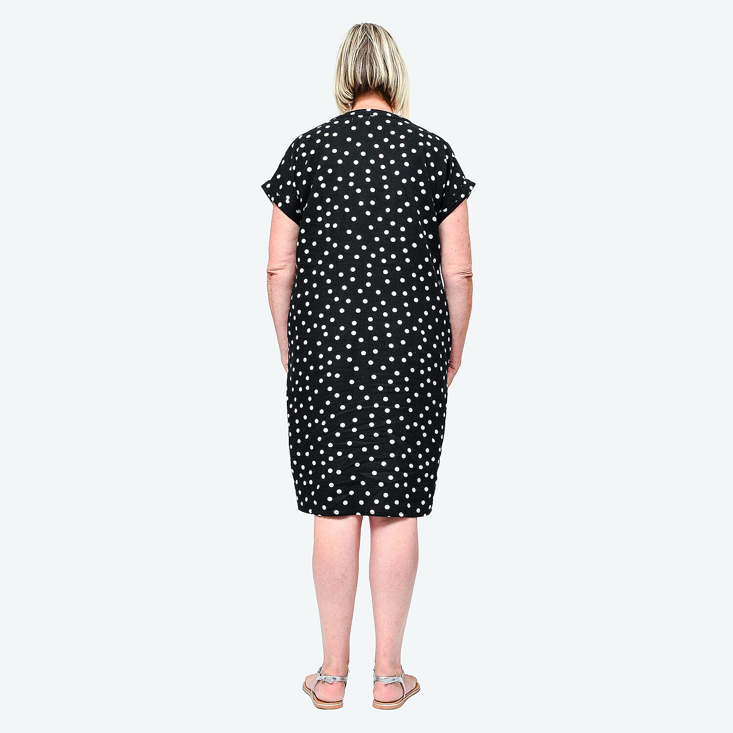 TAMSY Linen Open Neck Half Placket Spot Print Dress with Grown On Sleeve (Size XL,20-22) - Black & White