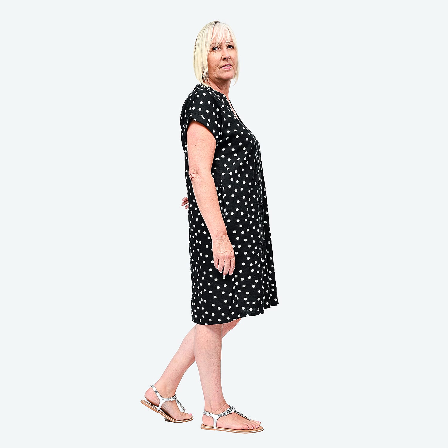 TAMSY Linen Open Neck Half Placket Spot Print Dress with Grown On Sleeve (Size XL,20-22) - Black & White